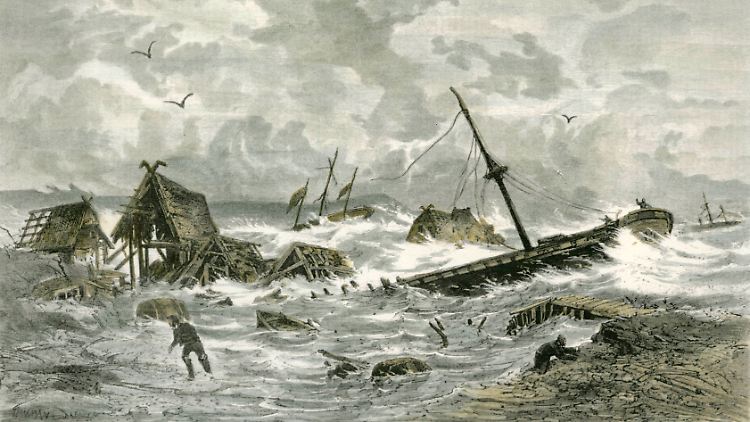 Der Holzstich nach einer Zeichnung von Karl Heyn nach einer Skizze von Karl Rettich zeigt die Sturmflut von 1872.