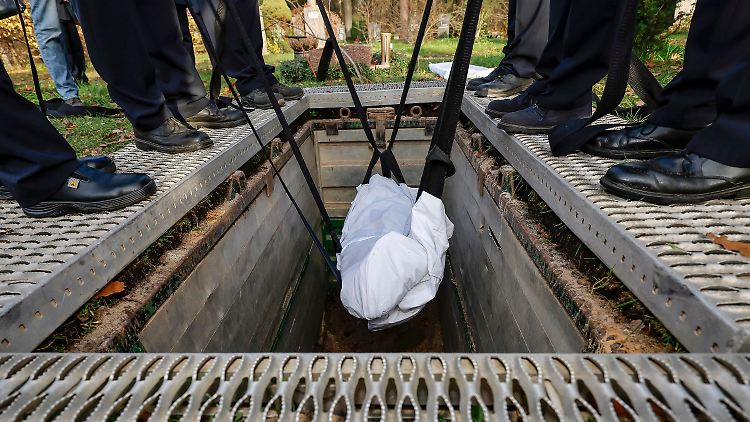 Wie kann eine Tuchbestattung ablaufen? Das demonstrieren Friedhofsangestellte in Nürnberg.