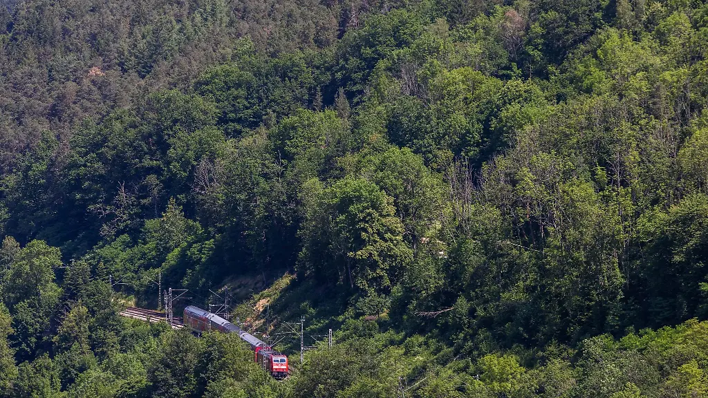 Ein-Regionalexpress-RE-der-Deutschen-Bahn-DB-faehrt-nahe-Hornberg-durch-den-Schwarzwald