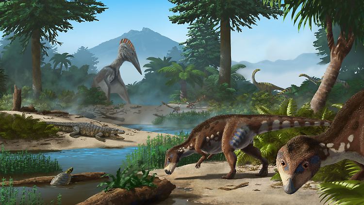 Transylvanosaurus (vorne r.) lebte mit Schildkröten, Krokodilen, riesigen Flugsauriern und anderen Zwerg-Dinosauriern vor etwa 70 Millionen Jahren auf einer Insel im heutigen Rumänien.