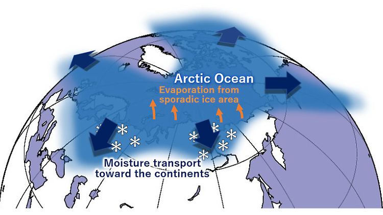 Ein zunehmend warmer und eisfreier Arktischer Ozean hat in den letzten Jahrzehnten zu mehr Feuchtigkeit in höheren Breitengraden geführt. Diese Feuchtigkeit wird von zyklonalen Wettersystemen nach Süden transportiert, wo sie als Schnee niederschlägt und den globalen Wasserkreislauf sowie viele davon abhängige terrestrische Systeme beeinflusst.