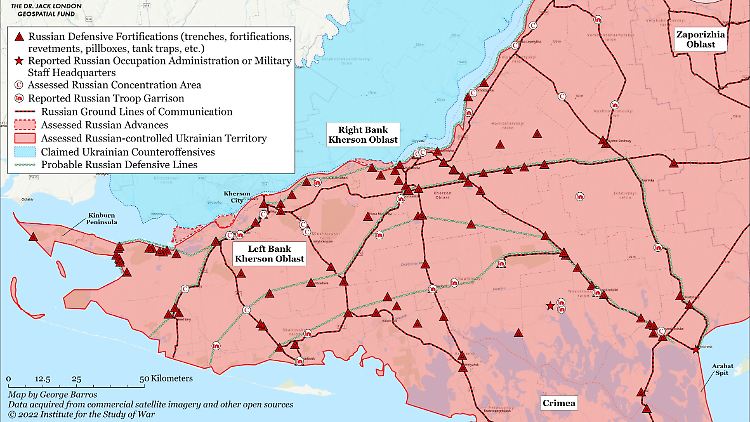 Das Netzwerk russischer Befestigungen in der Region Cherson.