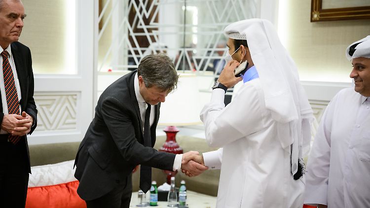 "Es sieht nur so aus, als hätte er sich verbeugt. Das hat er aber nicht", sagt der katarische Energieminister Al-Kaabi (r.) über das berühmte Foto mit Wirtschaftsminister Habeck (l.).