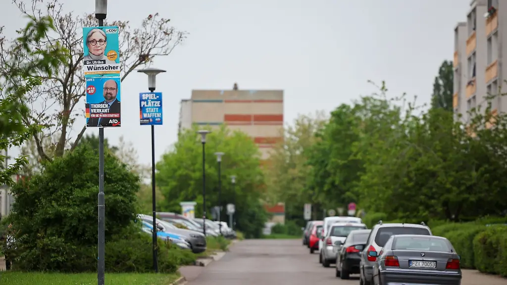 Wahlplakate-von-CDU-und-AfD-haengen-ganz-oben-an-einem-Laternenpfahl