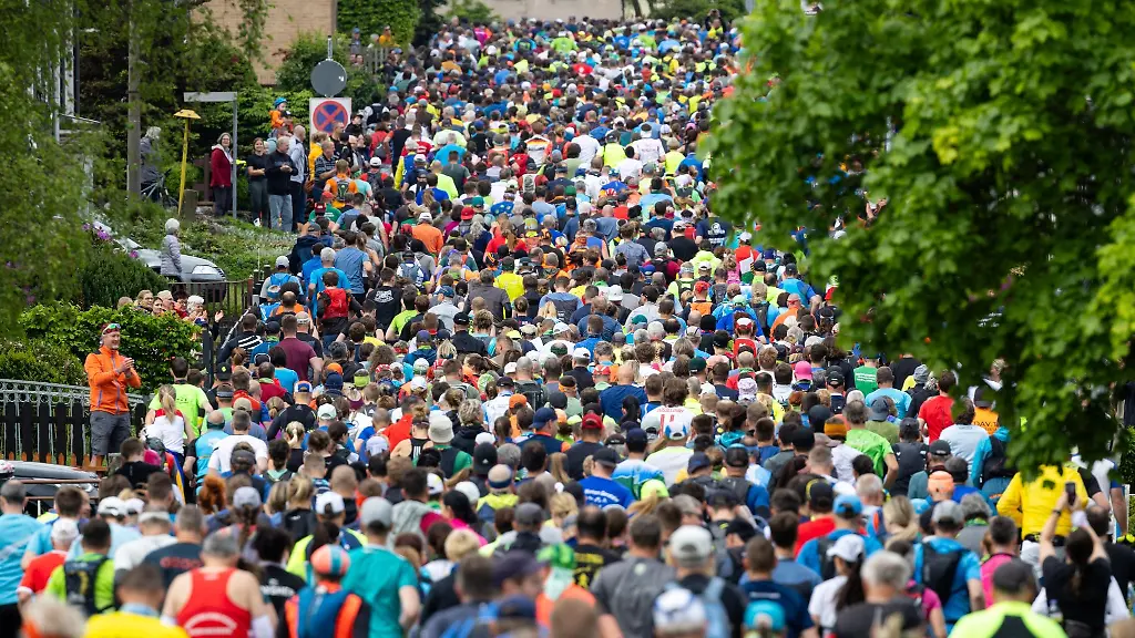 Laeufer-sind-beim-51-GutsMuths-Rennsteiglauf-2024-nach-dem-Start-in-Neuhaus-am-Rennweg-am-ersten-Berg-der-Marathon-Strecke-unterwegs