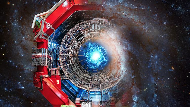 Die künstlerische Illustration zeigt die Antihelium-Annihilation im ALICE-Detektor am CERN und im Universum.
