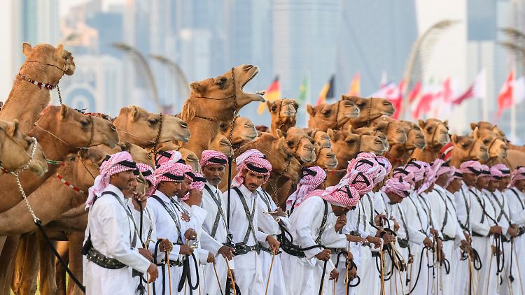 Sicherheitskräfte stehen mit ihren Kamelen vor dem Amiri Diwan, dem offiziellen Arbeitsplatz des Emirs von Katar.