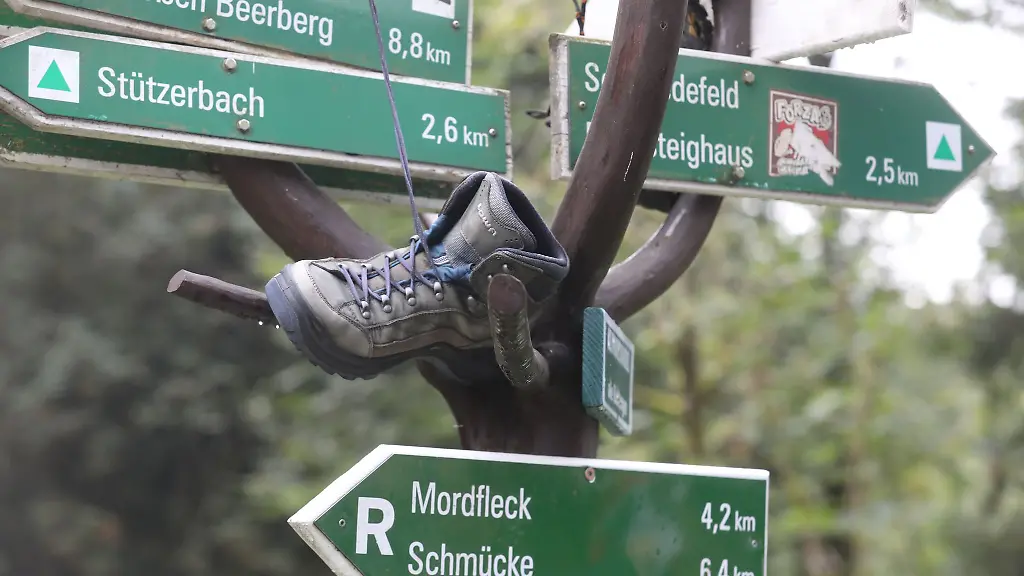 Wanderweg-Hinweisschilder-stehen-am-Rennsteig-bei-der-Eroeffnung-des-29-Thueringer-Wandertages