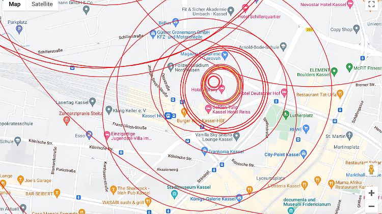 GSM- Koordinaten auf der Bike-Hunter- Karte. Je kleiner der Kreis, desto höher die Genauigkeit. Besonders interessant sind Bereiche, in denen sich Kreise überlappen.
