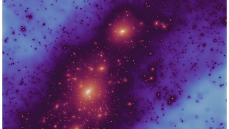 Das Bild zeigt eine Simulation der Dunklen Materie, die die Milchstraße und ihre Nachbargalaxie, die Andromeda-Galaxie, umhüllt.
