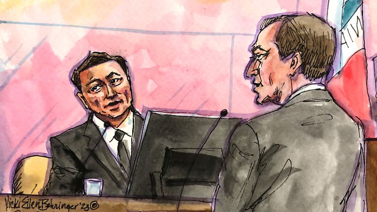 Eine Zeichnung der Befragung von Elon Musk durch den Kläger-Anwalt in San Francisco.