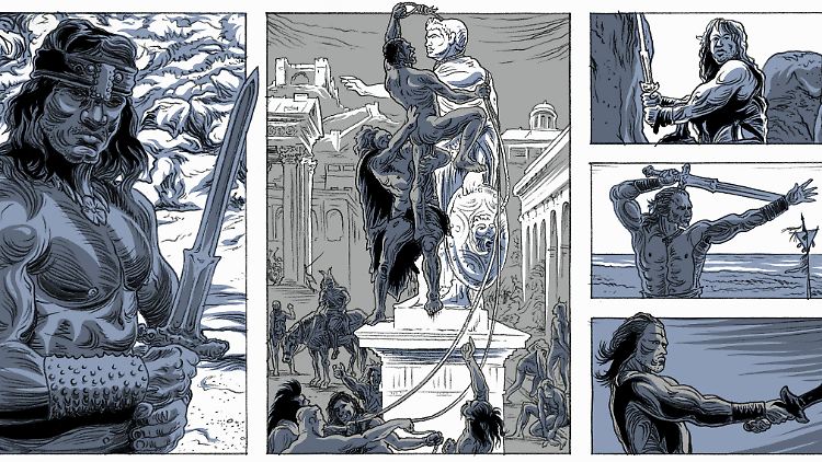 Harder mischt immer wieder historische Darstellungen mit Referenzen - hier aus "Conan, der Barbar" und "Asterix".