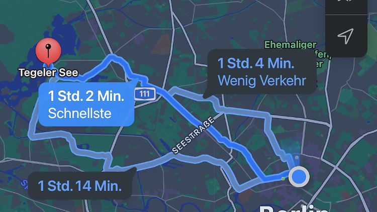 Apple Karten schlägt verschiedene Fahrradrouten vor.