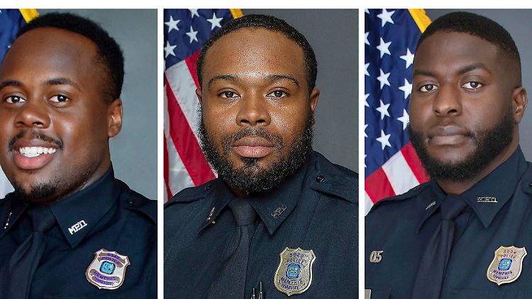 Drei der fünf angeklagten Polizisten im Fall Tyre Nichols (oben, l. nach r.): Tadarrius Bean, Demetrius Haley, Emmitt Martin III.
