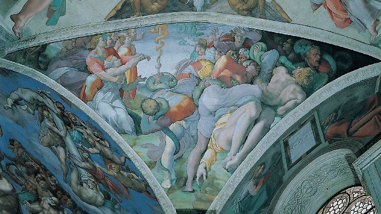 Die Zeichnung ist eine Vorarbeit für die männliche Figur, die rechts in dem Gewölkezwickel-Fresko "Die eherne Schlange" zu sehen ist und den Betrachtenden den Rücken zukehrt.