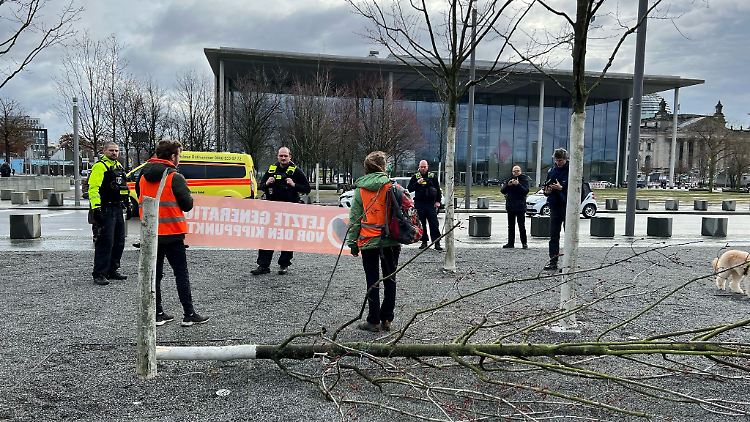 Klimaschutz-Aktivisten stehen an einem gefällten Baum am Bundeskanzleramt.