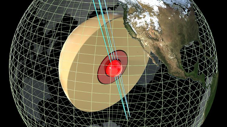 Grafik eines Erdbebens in Alaska, bei dem seismische Wellen in den innersten Erdkern eindringen.
