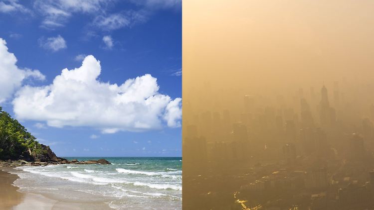 Strand in Australien und in Smog gehülltes Shanghai - die Luftverschmutzung ist in Ostasien laut der Studie am höchsten.