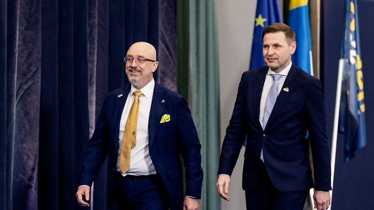 Oleksij Resnikow (l.) und sein Amtskollege Hanno Pevkur aus Estland in Schweden.