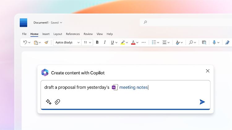 Das Bild zeigt, wie "Microsoft 365 Copilot" beim Verfassen eines Textes aus Notizen in Word helfen kann.