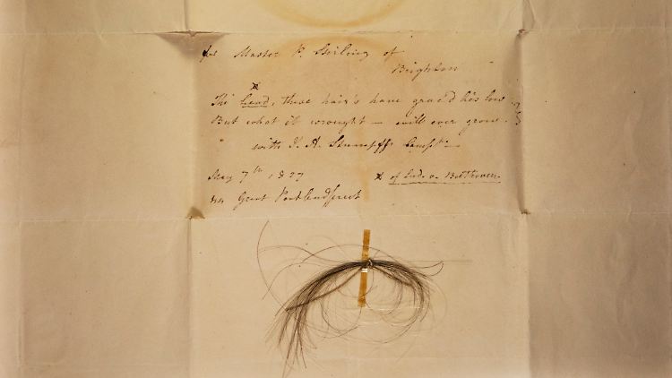 Die "Stumpff-Locke", aus der Beethovens gesamtes Genom sequenziert wurde, mit einer Inschrift des ehemaligen Besitzers Patrick Stirling.