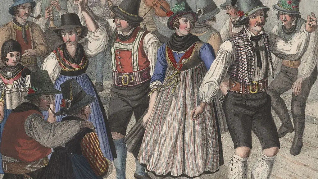 Eine-kolorierte-Lithographie-aus-der-Zeit-um-1825-mit-dem-Titel-Kirchweih-Tanz-in-der-Umgegend-von-Tegernsee-zeigt-Menschen-in-zeitgenoessischer-Tracht-beim-Tanz