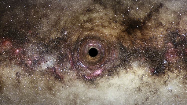 Künstlerische Darstellung eines Schwarzen Lochs, bei dem das intensive Gravitationsfeld des Schwarzen Lochs den Raum um es herum verzerrt.