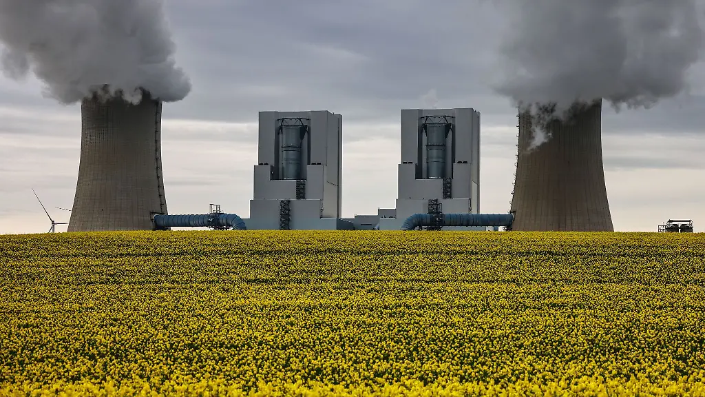 Vor-dem-RWE-Braunkohlekraftwerk-Neurath-II-blueht-ein-Rapsfeld