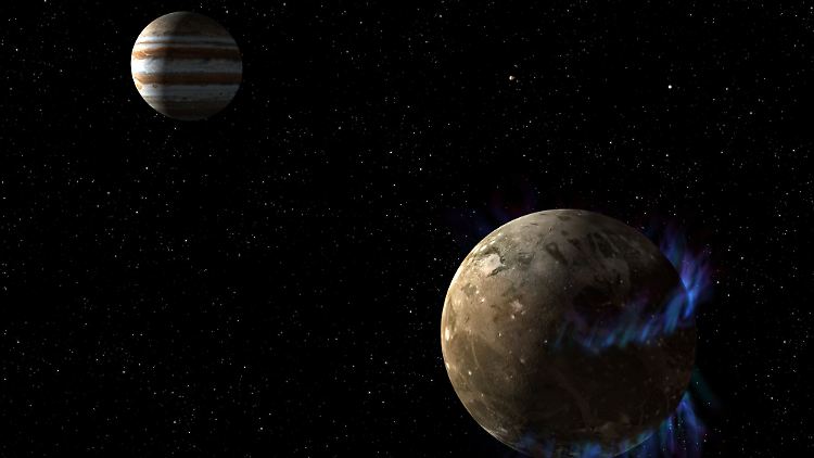 Jupiters größter Mond Ganymed (in dieser Illustration im Vordergrund) ist der einzige Trabant im Sonnensystem mit einem Magnetfeld.