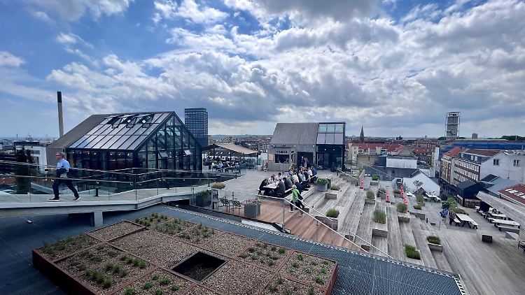 Dachterrasse mit Café und einer Entspannungs-Oase auf dem Dach des Warenhauses "Salling" in Aarhus.