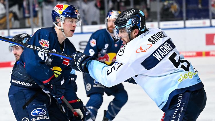 Filip Varejcka (l.) von München und Fabio Wagner von Ingolstadt kämpfen um den Puck.
