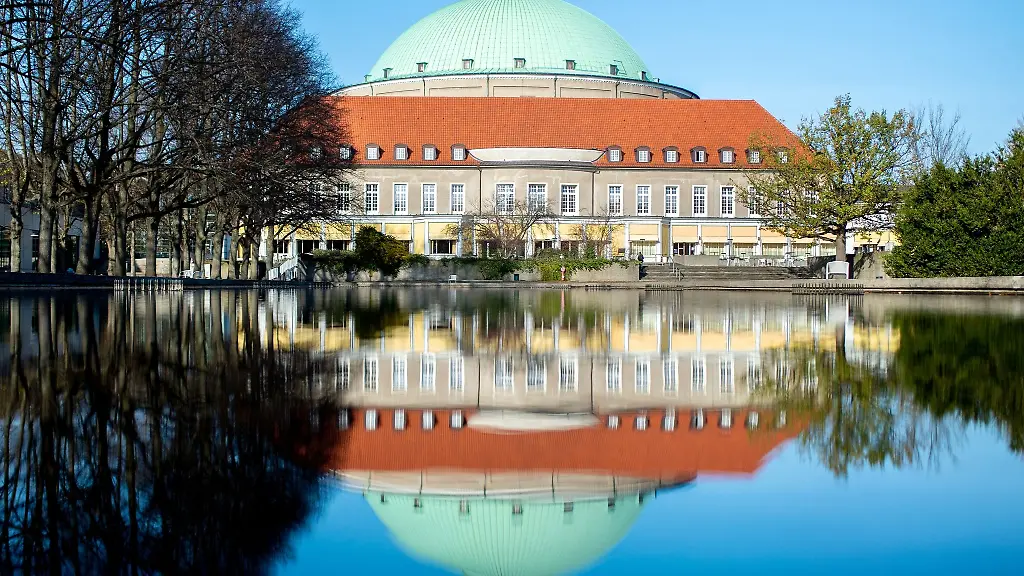Das-Hannover-Congress-Centrum-HCC-mit-dem-markanten-Dach-des-historischen-Kuppelsaals-spiegelt-sich-in-einem-Teich-im-Stadtpark