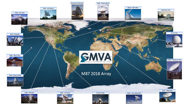 Karte des Global Millimetre VLBI Array (GMVA), des Netzes von Radioteleskopen, mit dem Messier 87 untersucht wurde.