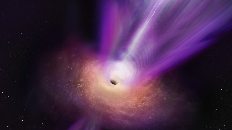 Künstlerische Darstellung des Jets, der aus dem Schwarzen Loch in Messier 87 austritt.
