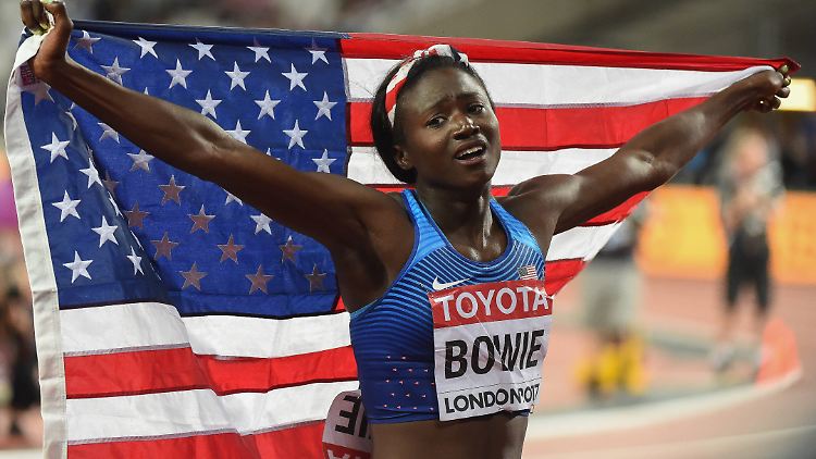 Bowie nach ihrem Sieg im WM-Finale 2017 über 100 Meter.