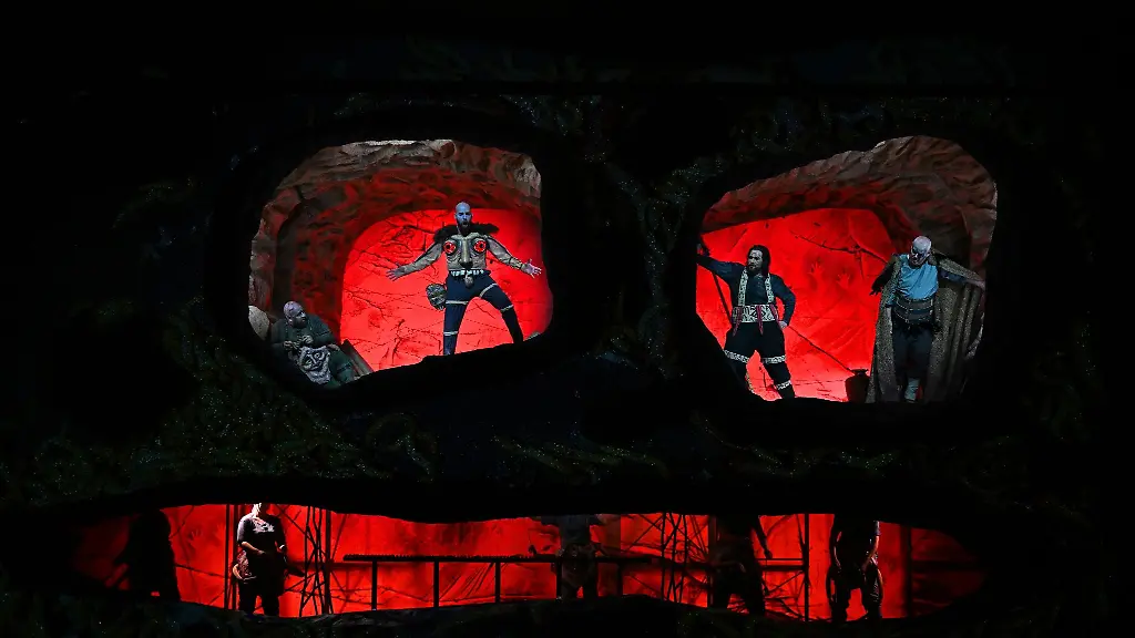 Die-Solisten-waehrend-einer-Probe-der-Oper-Das-Rheingold-von-Richard-Wagner-1813-1883-auf-der-Buehne-des-Theater-Erfurt