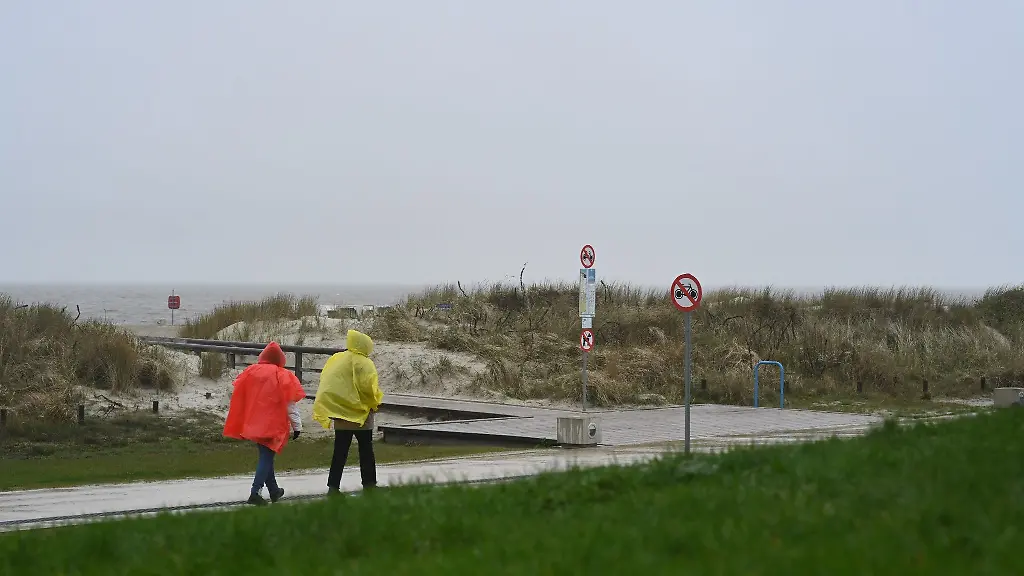 Zwei-Tagesgaeste-laufen-bei-nassem-Wetter-in-Regenjacken-an-der-Starndpromenade-entlang