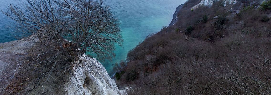 Von der Spitze des Skywalk über dem Kreidefelsen "Königsstuhl" auf der Ostseeinsel Rügen ist die Kreideküste und die Ostsee zu sehen.