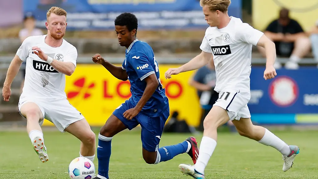 Dominik-Martinovic-l-von-Elversberg-Andu-Kelati-M-von-Hoffenheim-und-Luca-Duerholtz-r-von-Elversberg-in-Aktion