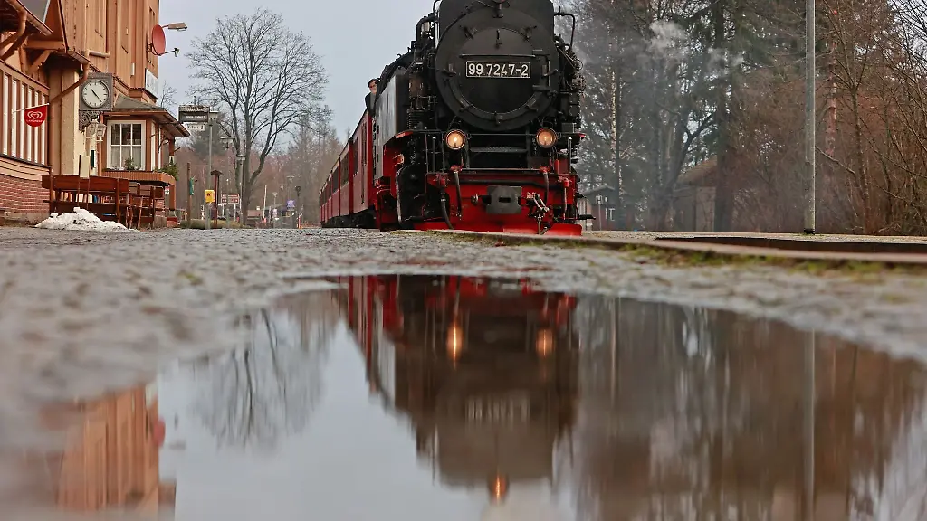 Ein-Zug-der-Harzer-Schmalspurbahnen-GmbH-steht-auf-dem-Bahnhof-in-Drei-Annen-Hohne-und-spiegelt-sich-in-einer-Regenpfuetze