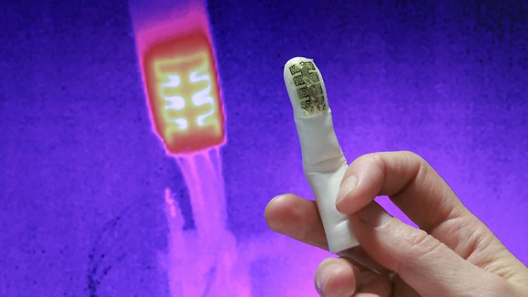Der Wärmesensor an der Spitze einer Fingerprothese und das dazugehörige Wärmebild.