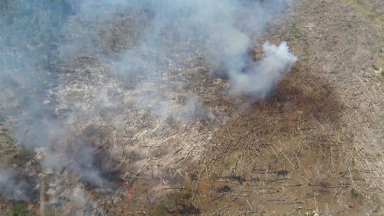 Eine Aufnahme einer Drohne zeigt den Waldbrand in dem munitionsbelasteten Gebiet bei Jüterbog (Teltow-Fläming). 