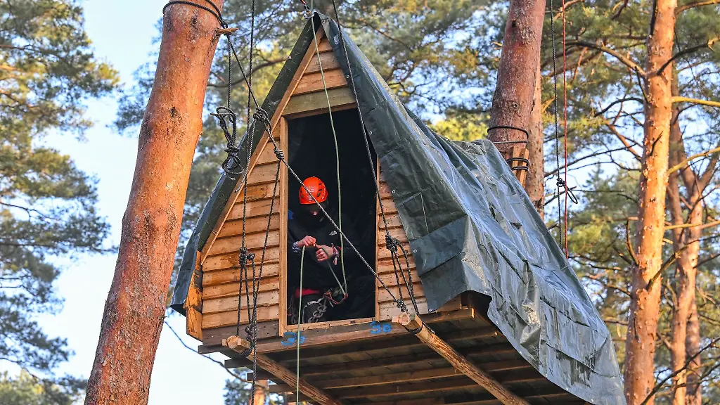Eine-Aktivist-der-Initiative-Tesla-stoppen-sitzt-in-einem-Baumhaus