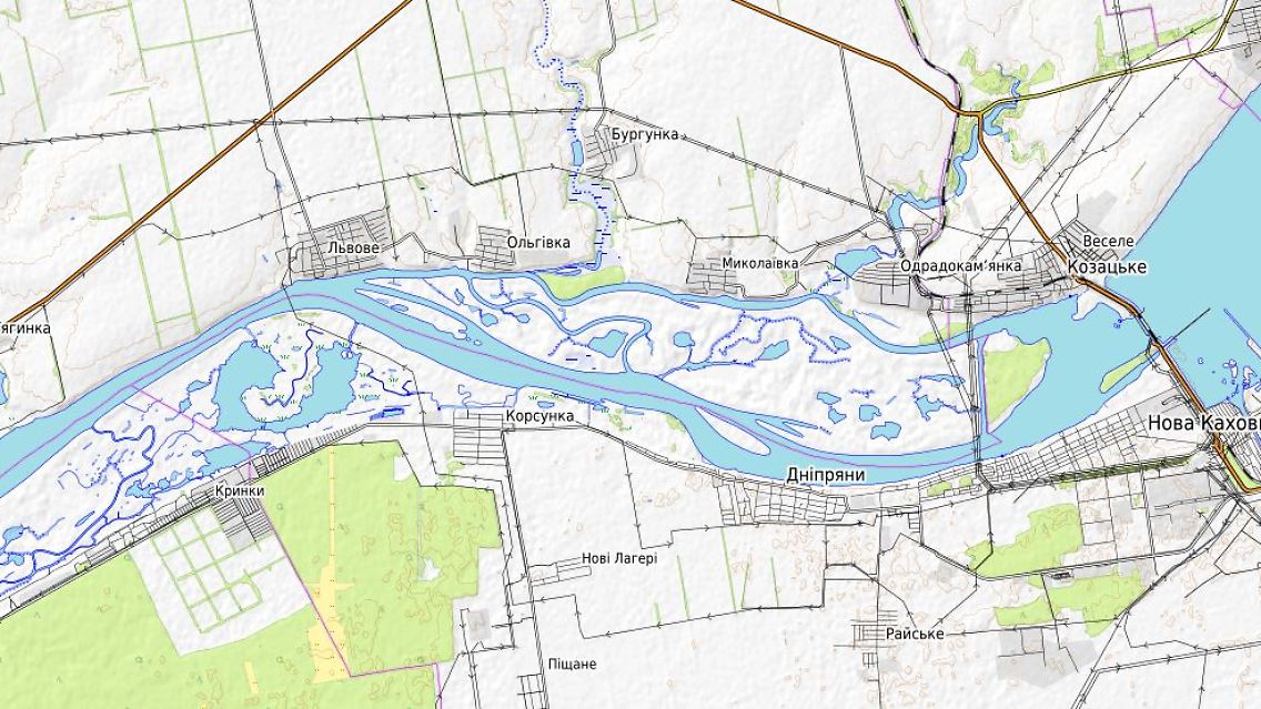 Flaches Land am linken, südlichen Ufer: Das Dnipro-Tal unterhalb des Kachowka-Damms.