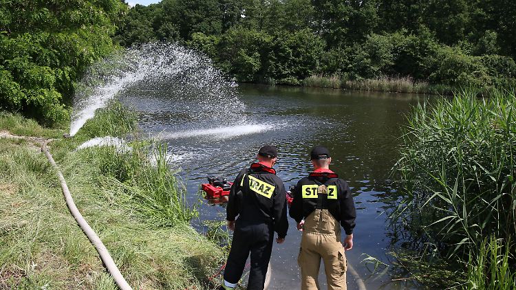 Feuerwehrleute pumpen Sauerstoff in den Gleiwitzer Kanal.