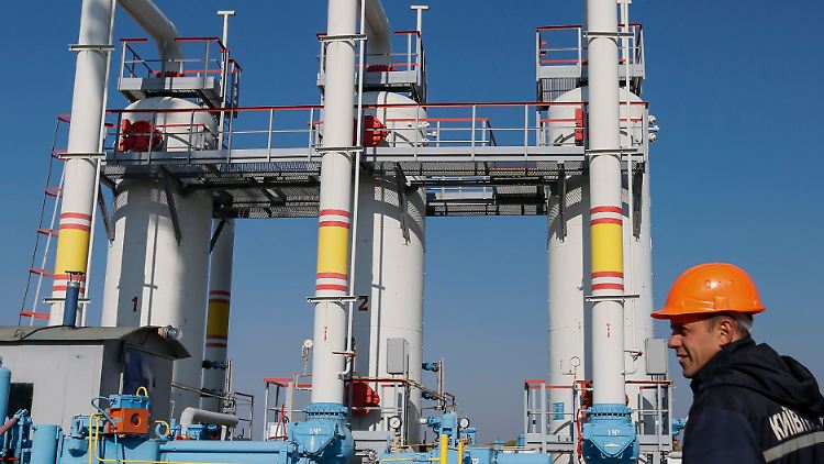 Ein Mitarbeiter steht neben einer Anlage des Konzerns Naftogaz im Dorf Mryn, etwa 130 km von Kiew entfernt.