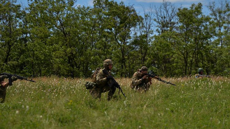Ukrainische Soldaten der 68. Jäger-Brigade Anfang des Monats beim Training außerhalb der Kleinstadt Kurakhowe westlich von Donezk.
