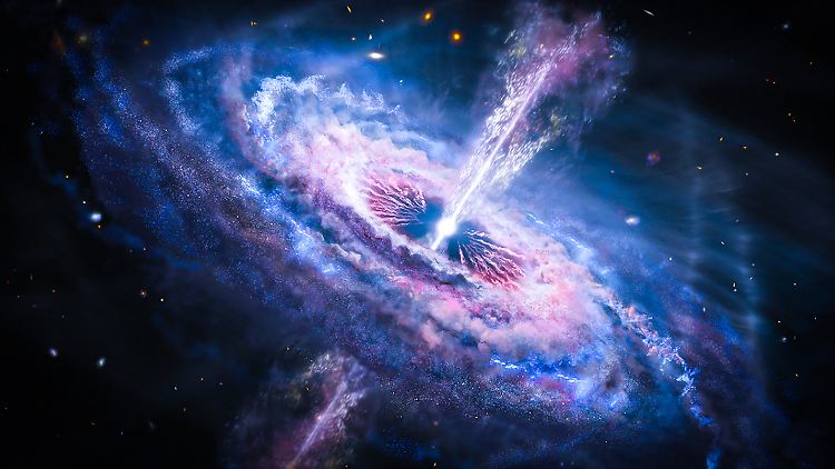 Grafische Darstellung eines Quasars - ein hell leuchtendes supermassereiches Schwarzes Loch im Zentrum einer Galaxie.