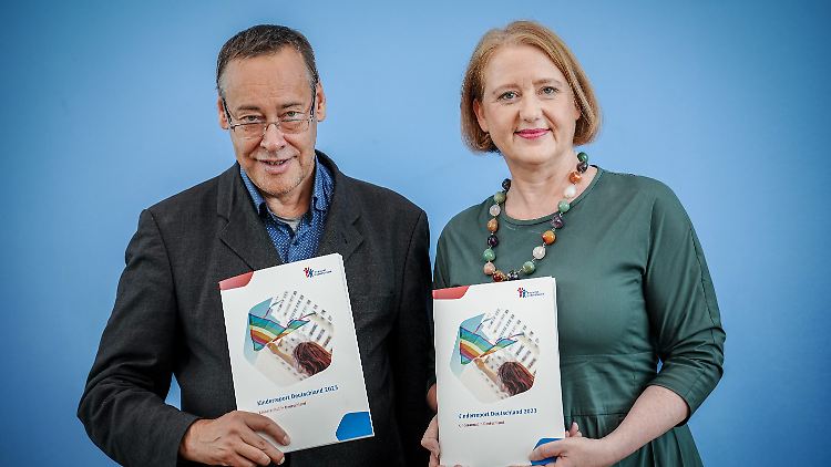 Familienministerin Lisa Paus stellt zusammen mit Thomas Krüger, Präsident des Deutschen Kinderhilfswerks, den jährlichen "Kinderreport" vor.