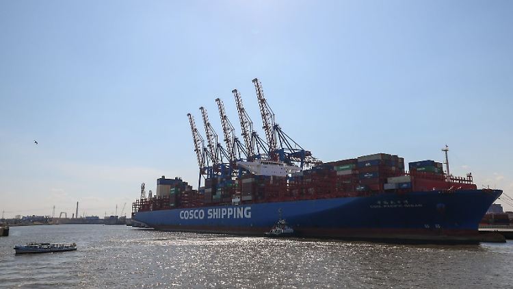 Ein Containerschiff liegt am Terminal Tollerort im Hamburger Hafen.